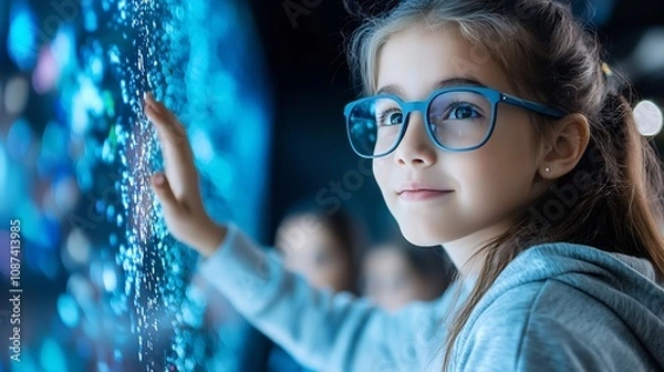 Fototapeta Curious young girl with glasses standing in front of a colorful abstract digital wall