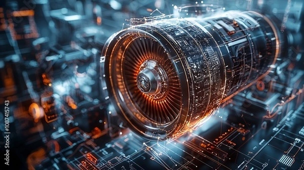 Obraz Detailed close up view of a highly engineered aircraft engine with a double exposure silhouette effect overlaying technical schematics and diagrams  This image showcases the intricate