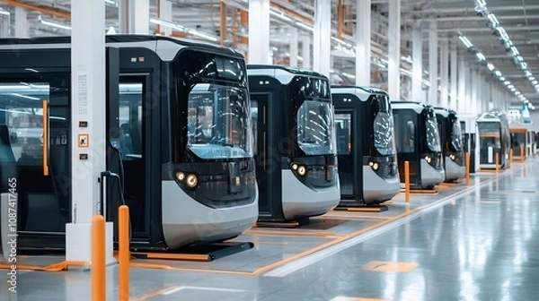 Fototapeta Futuristic airport scene with electric shuttle buses and charging stations available at every terminal