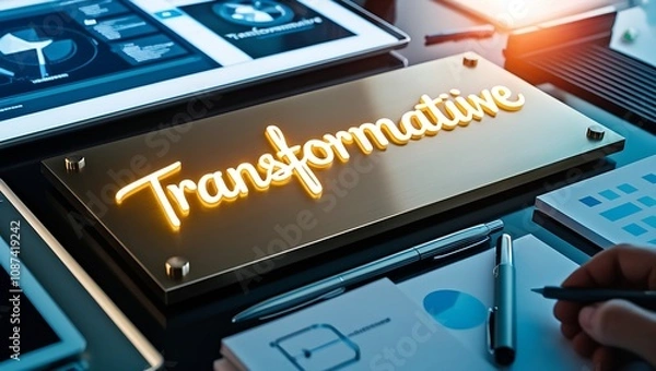 Fototapeta A gold sign displaying "Transformative" sits on a desk amongst digital devices and paperwork, suggesting business transformation and innovation.