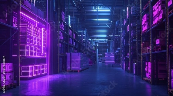 Fototapeta Futuristic supply chain hub with holographic blockchain data tracking system that monitors and manages goods from origin to final destination through a highly automated and integrated distribution