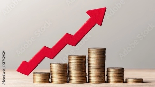 Fototapeta Financial concept of currency price surge. A graph illustrating growth, featuring an upward red arrow alongside stacked coins, symbolizing financial success and increasing wealth.
