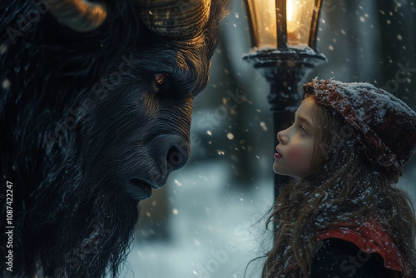 Fototapeta Close up of a little girl in the snow under a glowing lamp looking at a big fantasy animal with horns. 