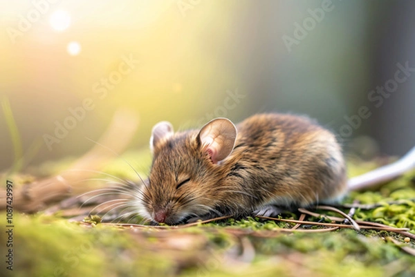 Fototapeta Cute small brown mouse sleeping on forest ground