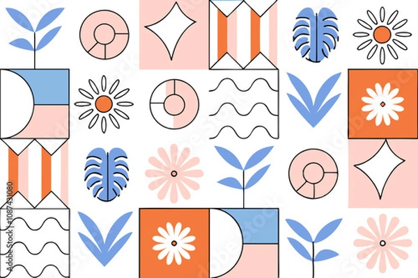 Fototapeta Retro Hand-Drawn Tropical Summer Seamless Pattern with Geometric Patchwork and Exotic Jungle Palm Tree Mosaic