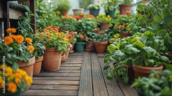 Fototapeta A wooden deck lined with terracotta pots overflowing with vibrant orange and green plants.