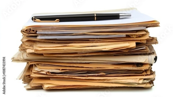 Fototapeta Neatly organized stack of office documents with a pen resting on top, isolated on a clean white background, perfect for productivity themes.