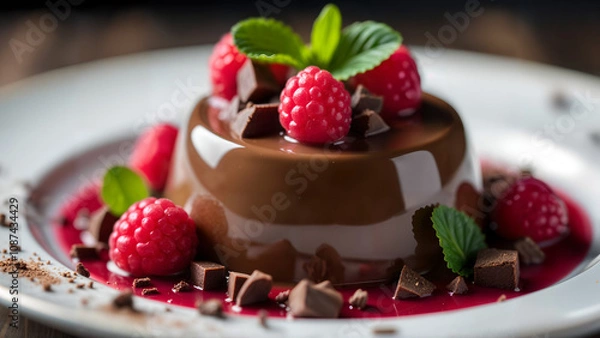 Fototapeta An Exquisite Presentation of Chocolate Panna Cotta with Raspberry Jelly Topped with Fresh Raspberries and Gourmet Chocolate Pieces