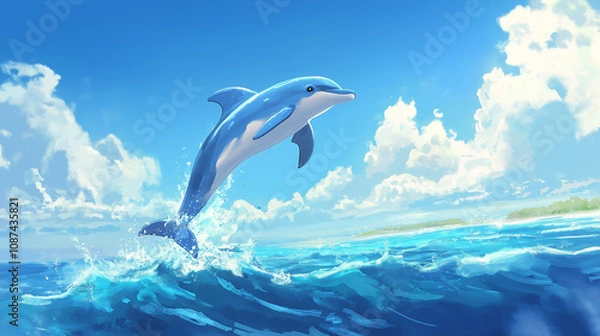 Fototapeta A dolphin bending like an arc and swmming in sea water in the tidal waves.