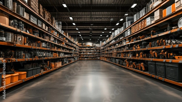 Fototapeta Wide-angle view of a hardware store aisle with shelves stocked with tools, paint cans, and construction materials in an indoor setting under fluorescent lighting.