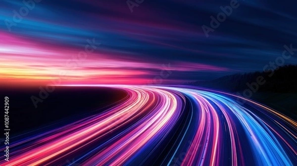 Fototapeta A Curved Road Illuminated by Colorful Light Trails at Sunset