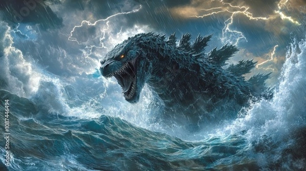 Fototapeta Godzilla, king of the monsters, emerges from a stormy ocean amidst crashing waves and lightning strikes, creating a dramatic and powerful scene of destruction