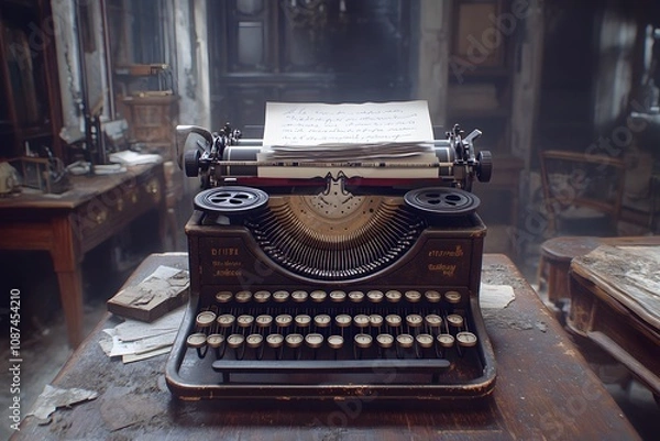 Obraz An antique typewriter sits on a dusty table with a handwritten letter, evoking nostalgia.