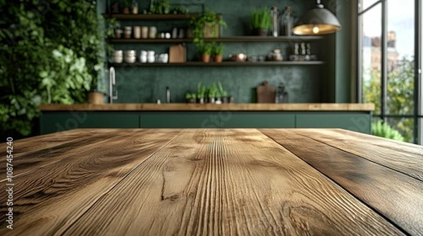 Obraz Rustic Wooden Tabletop with Blurred Green Kitchen Background
