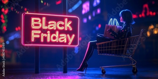 Fototapeta A neon sign with the words "Black Friday" and shopping cart on dark background, smiling woman sitting in it holding many bags - Generative AI