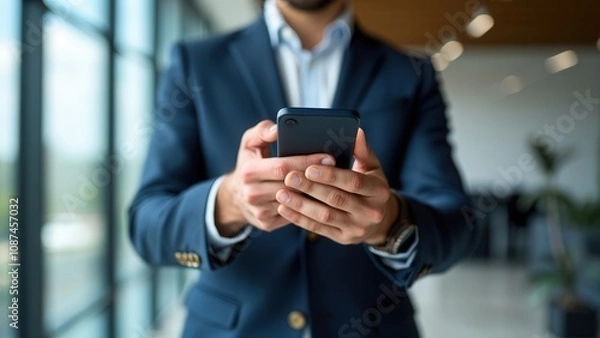 Fototapeta A businessman dressed in a dark suit stands in a contemporary office, engaging with his smartphone. Soft light filters through large windows, creating an inviting atmosphere for work and communication