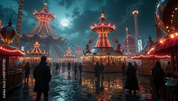 Fototapeta Chilling carnival background with colorful rides and eerie funhouse mirrors reflecting ghostly figures