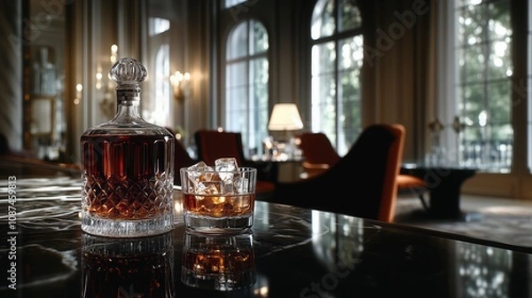 Fototapeta Elegant whiskey decanter and glass in a luxurious lounge during evening, whisky advertisement with copy space, glass of whisky advertising image, spirit drink advert