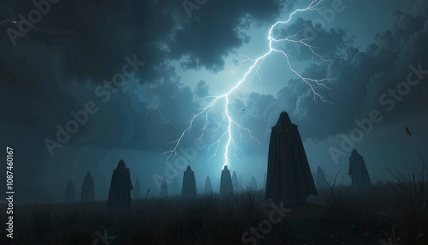 Fototapeta Sinister omen background with stormy skies and dark lightning, silhouettes of ominous figures in the distance