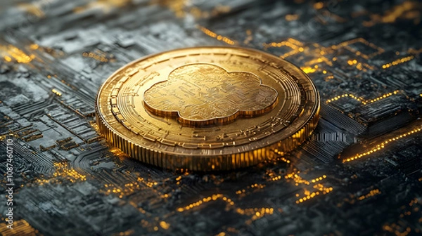 Obraz Close-up of a golden cryptocurrency coin placed on a digital circuit board, symbolizing modern finance and innovation.