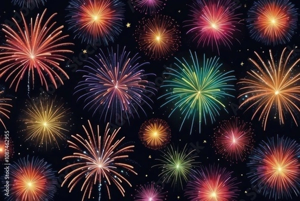 Obraz Colorful fireworks on night sky background. Celebration and holidays concept. Independence Day 4th of July, New Year, festival. Bright explosions of lights in sky. Place for your text.