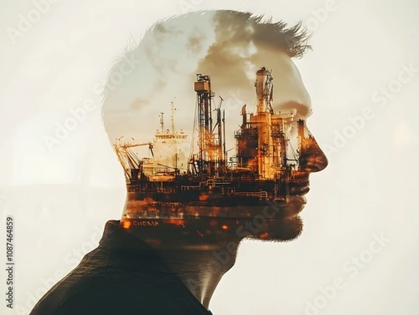 Fototapeta A Creative Double Exposure Portrait of a Man with an Industrial Landscape Silhouette Reflecting on His Profile in a Contemporary Visual Art Style