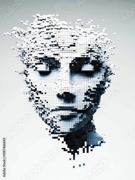 Fototapeta A fragmented face composed of digital pixels, symbolizing the interconnectedness of technology and identity in the modern age.