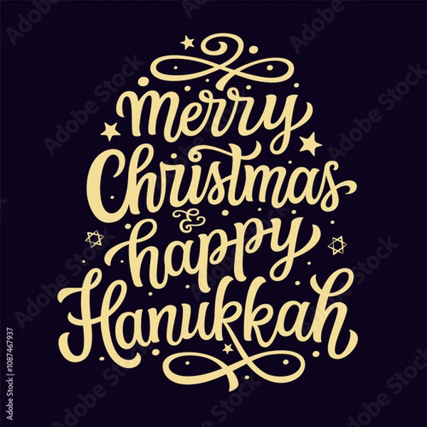Fototapeta Merry Christmas and happy Hanukkah. Hand lettering golden script text isolated on black background. Vector typography for posters, banners, cards, Christmas and Hanukkah decorations
