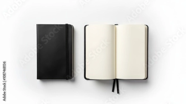 Fototapeta A minimalist moleskine journal mockup showcasing the black notebook with clean blank pages and a durable cover.