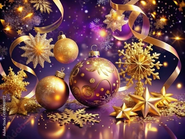 Fototapeta Luxury Christmas Background with Golden Ornaments and Snowflakes on Purple Table for Festive Banner Design