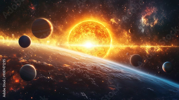 Obraz A stunning view of the sun rising above the Earth with vibrant planets in the foreground and cosmic elements in the background. Generative AI