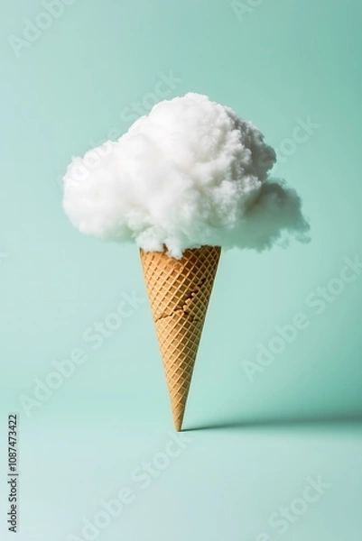 Fototapeta Ice cream cone holding a white fluffy cloud instead of cream on a pastel blue background. Creative thinking and food concept.