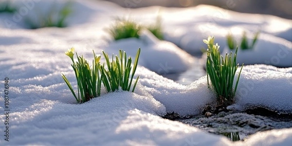 Fototapeta Spring brings the melting snow, revealing fresh grass underneath. The transition of spring is highlighted by the snow melting and the emergence of grass as nature begins to awaken.