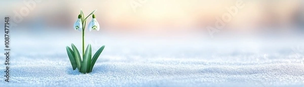 Fototapeta A delicate snowdrop flower emerges from the snow, symbolizing resilience and the arrival of spring amidst winter's chill.