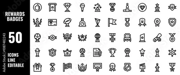 Obraz 50 Rewards and Badges Icons Set Pack Line Editable Vector Illustration