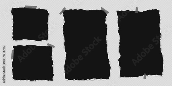 Fototapeta Set of torn black note paper pieces with sticky tape are on transparent background for text, notes or ad.