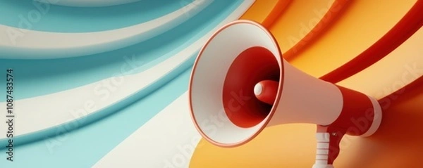 Obraz A vibrant megaphone against a colorful wavy background, symbolizing communication, announcements, and broadcasting.