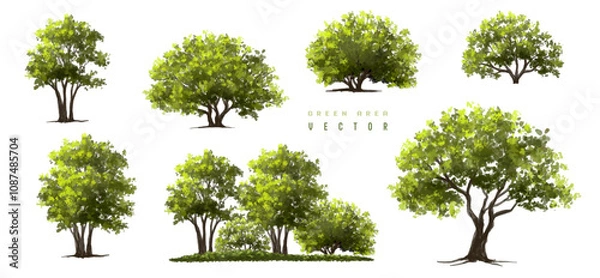 Fototapeta Vertor set of green tree,plants side view for landscape elevations,element for backdrop,eco environment concept design,watercolor greenery scene,shrub