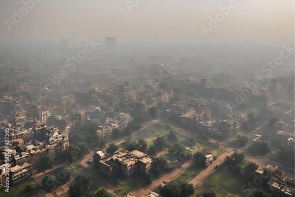 Fototapeta Delhi air pollution, India Gate smog, Urban traffic in Delhi, Smoggy morning at India Gate, Air pollution in New Delhi, Traffic congestion and pollution, Hazy skyline of Delhi Stock Photo.	