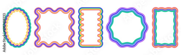 Obraz Vector set of colored rectangular frames with scallop edges. Squiggle photo borders with wavy edge. Wiggly shapes, funky flat geometric text box frameworks or rectangle curvy mirror with jagged border