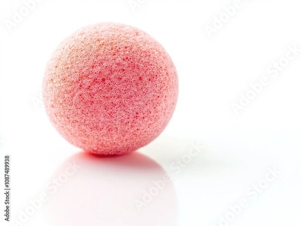 Obraz A pink, textured sphere on a reflective surface, suggesting a decorative or playful item.