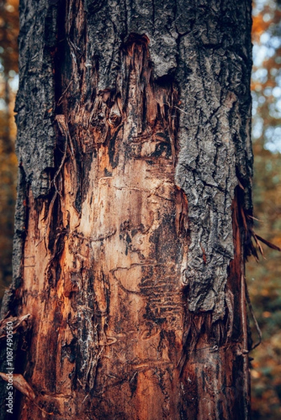 Obraz the bark on the tree trunk is stripped by bear claws