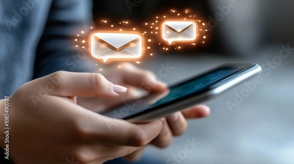 Fototapeta Receiving Email Notifications on Smartphone Urban Environment Digital Communication Indoor Setting Close-up View Modern Technology