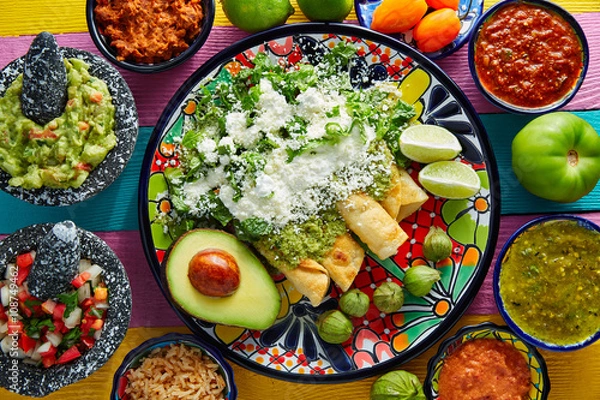 Fototapeta Zielone enchiladas Meksykańskie jedzenie z guacamole