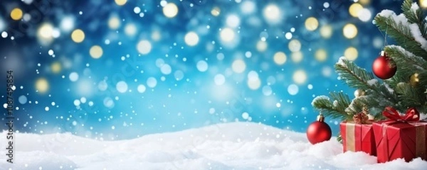 Fototapeta Snow-covered ground with Christmas gifts and tree decorations shining against a blue winter background during the festive season