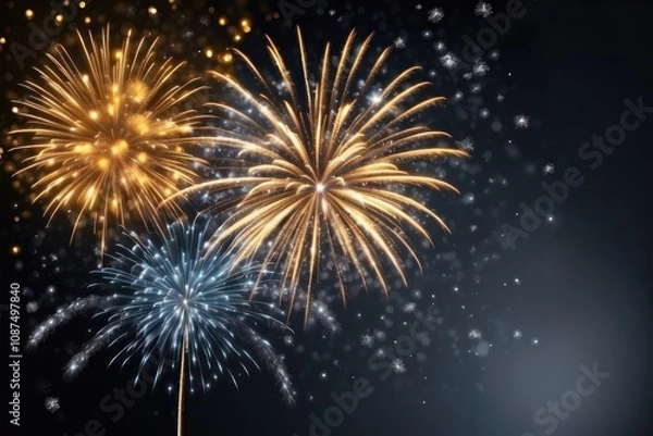 Fototapeta Colorful fireworks on night sky background. Celebration and holidays concept. Independence Day 4th of July, New Year, festival. Bright explosions of lights in sky. Place for your text.