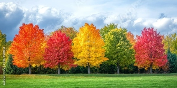 Fototapeta Vibrant set of trees showcasing stunning autumn colors, creating a picturesque scene filled with rich hues and the essence of the season. Appreciate the beauty of these autumn colors in nature.