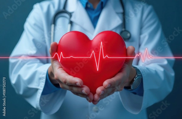 Fototapeta A doctor in a white coat holds a red heart symbol while monitoring vital signs with a stethoscope