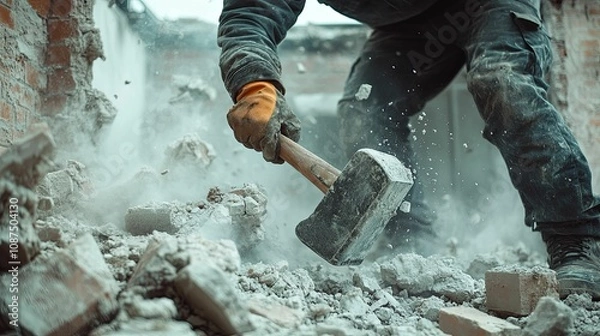 Obraz Worker Demolishing Brick Wall With Sledgehammer