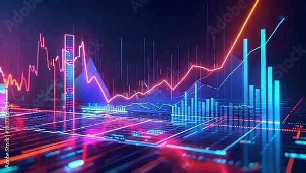 Fototapeta Futuristic digital graph with neon colors and rising trend, displaying data analysis and technology in a dark setting.